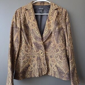 Vtg Focus 2000 Women's Size 10 Jacquard Tapestry Blazer Jacket Brown Gold Brooch